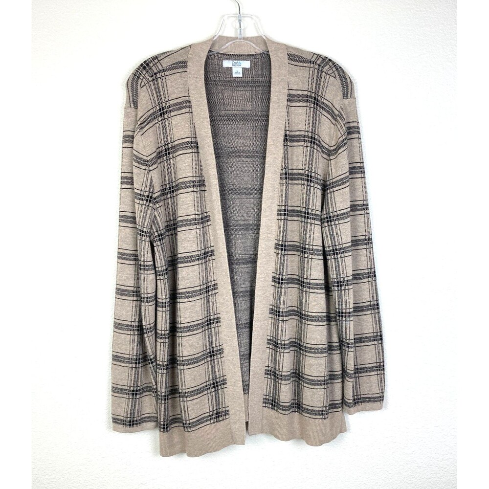 Croft & Barrow Women's Open Front Cardigan Size L Plaid Tan Black Office Preppy